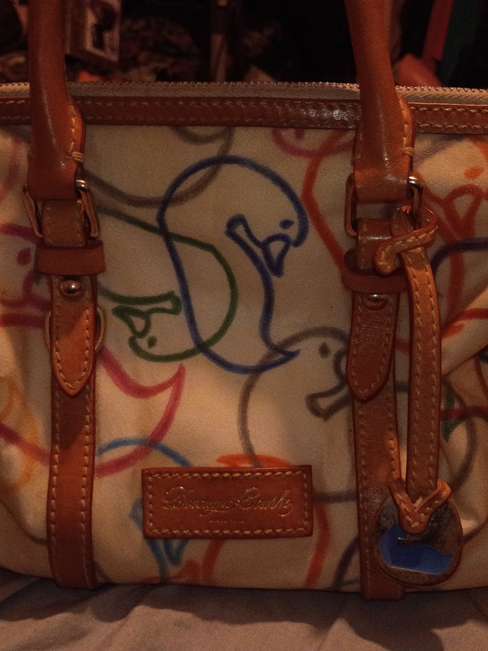 Dooney & Bourke Multicolor Bird Print Tote with Tan Leather Trim